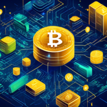 Create an illustration that visually explains cryptocurrency and blockchain technology. Central focal point is a digital coin representing cryptocurrency, surrounded by interconnected blocks symbolizing blockchain. Include elements like computer code, lock and key icons for security, and futuristic digital graphics. Use a modern, high-tech color scheme with vibrant blues, greens, and golds to convey innovation and complexity.