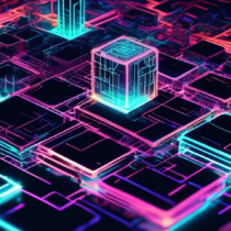 Create an image showcasing a futuristic digital landscape where chains of blocks, made of code, float and interlock in a grid-like pattern. Each block should contain lines of glowing code and neon circuits, with tech developers in the background examining and interacting with the blocks. The scene should evoke a sense of innovation and complexity associated with blockchain technology.