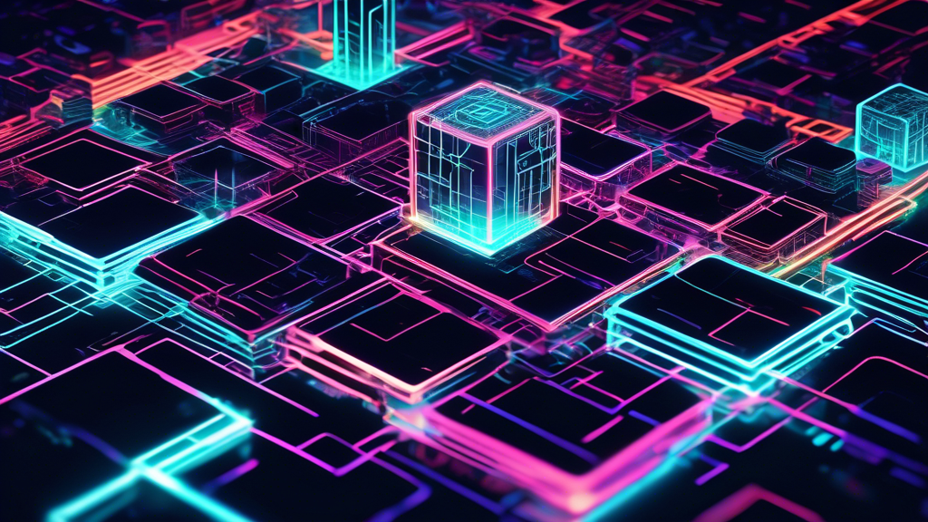 Create an image showcasing a futuristic digital landscape where chains of blocks, made of code, float and interlock in a grid-like pattern. Each block should contain lines of glowing code and neon circuits, with tech developers in the background examining and interacting with the blocks. The scene should evoke a sense of innovation and complexity associated with blockchain technology.