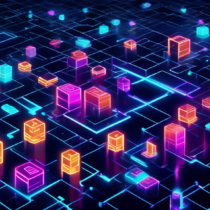 Create an image depicting the concept of blockchain in cryptocurrency: visualize a futuristic digital landscape with a transparent, interconnected chain of blocks glowing with neon lights. Each block contains encrypted data and the cryptocurrency symbols like Bitcoin and Ethereum. Background should encompass a blend of technological elements and financial markets, illustrating security, transparency, and decentralization.