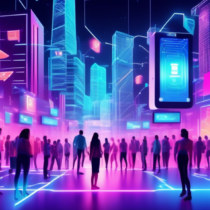 Create an image depicting the concept of blockchain payment revolutionizing transactions. The scene is a futuristic digital cityscape, with a diverse group of people and businesses connected by glowing blockchain nodes. Show people making instant digital payments using various devices, such as smartphones and holographic interfaces, while businesses display signs indicating acceptance of blockchain payments. Include vibrant neon colors to emphasize the advanced technology and interconnected nature of the blockchain network.