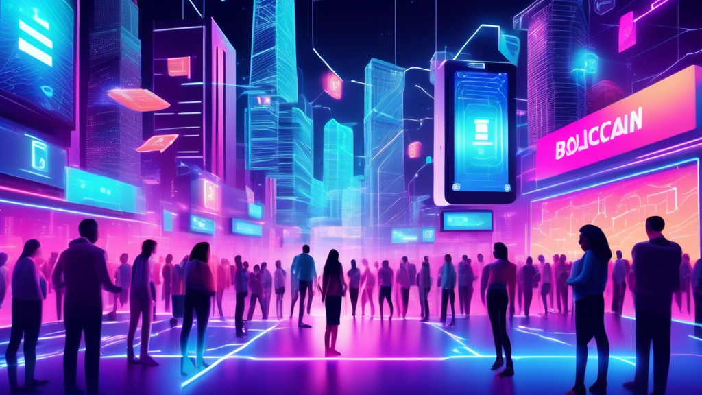 Create an image depicting the concept of blockchain payment revolutionizing transactions. The scene is a futuristic digital cityscape, with a diverse group of people and businesses connected by glowing blockchain nodes. Show people making instant digital payments using various devices, such as smartphones and holographic interfaces, while businesses display signs indicating acceptance of blockchain payments. Include vibrant neon colors to emphasize the advanced technology and interconnected nature of the blockchain network.