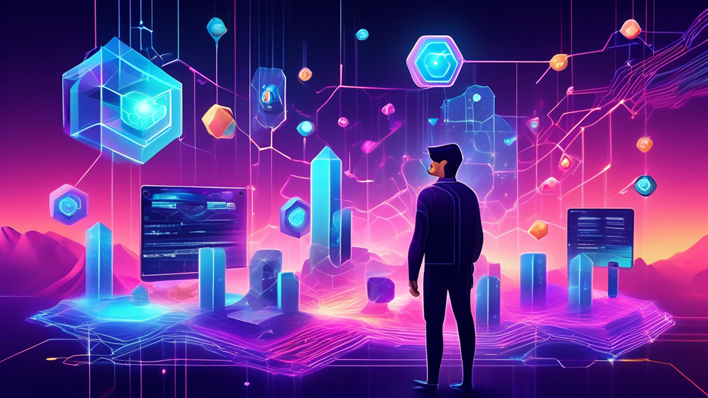 Create a futuristic digital landscape that represents the integration of Web3 and blockchain technology. Depict interconnected blockchain nodes, smart contracts, and decentralized applications (dApps) with vibrant holographic interfaces. Include diverse avatars of users interacting within this digital world, illustrating themes of digital ownership, security, and innovation in a sleek, high-tech environment.