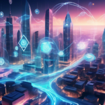 Create an image depicting a futuristic financial landscape where quantum computing meets cryptocurrency. Visualize sleek, digital cityscapes with glowing skyscrapers made of blockchain-like structures. Quantum computers are intertwined with the infrastructure, emitting radiating waves of light and data. People in futuristic attire engage in transactions using holographic crypto-coins, and currency symbols float in the air. The atmosphere should feel advanced and innovative, reflecting the cutting-edge nature of quantum cryptocurrency.