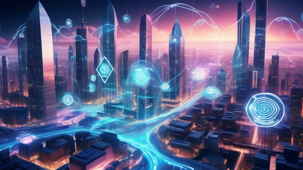 Create an image depicting a futuristic financial landscape where quantum computing meets cryptocurrency. Visualize sleek, digital cityscapes with glowing skyscrapers made of blockchain-like structures. Quantum computers are intertwined with the infrastructure, emitting radiating waves of light and data. People in futuristic attire engage in transactions using holographic crypto-coins, and currency symbols float in the air. The atmosphere should feel advanced and innovative, reflecting the cutting-edge nature of quantum cryptocurrency.