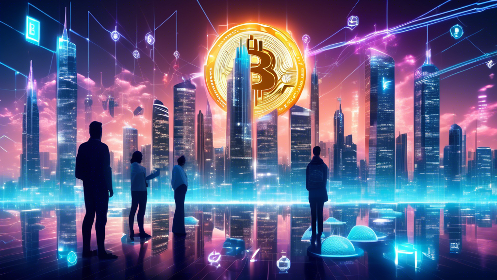 Create an image of a futuristic cityscape with towering skyscrapers made of glowing cryptocurrency symbols (like Bitcoin, Ethereum, etc.). In the foreground, a diverse group of enthusiastic people wearing advanced tech gear are collaborating on holographic screens displaying blockchain technology and digital currencies. The scene should exude innovation, excitement, and possibilities, with elements like drones, digital coins, and floating data streams emphasizing the cutting-edge nature of the new crypto technology.