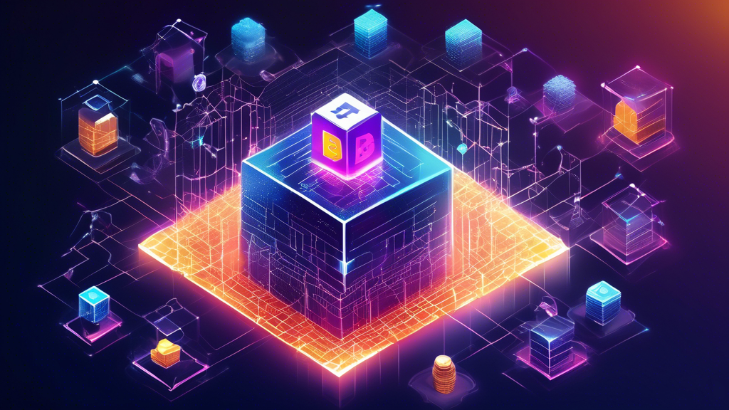 Create an image that depicts blockchain technology revolutionizing cryptocurrency: envision a futuristic, digital landscape where transparent, glowing chains of blocks are interconnected in a complex network, symbolizing blockchain. These chains are surrounded by various cryptocurrency symbols like Bitcoin, Ethereum, and others, floating around in a dynamic and secure manner. The scene should have a sense of high-tech innovation and depict the transformation of cryptocurrencies through the advanced and secure blockchain systems. Use dark hues with neon accents to give it a cutting-edge, digital aesthetic.