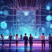 Create a digital illustration depicting a futuristic banking scene where blockchain technology is visibly integrated into every aspect. Show traditional bank elements like a building, vaults, and tellers connected by a complex network of glowing blockchain nodes. Include a diverse range of people interacting with both physical and digital components, such as smartphones showing blockchain transactions and holographic financial data displays. Make the overall mood optimistic and progressive, reflecting the transformation and efficiency brought by blockchain technology.