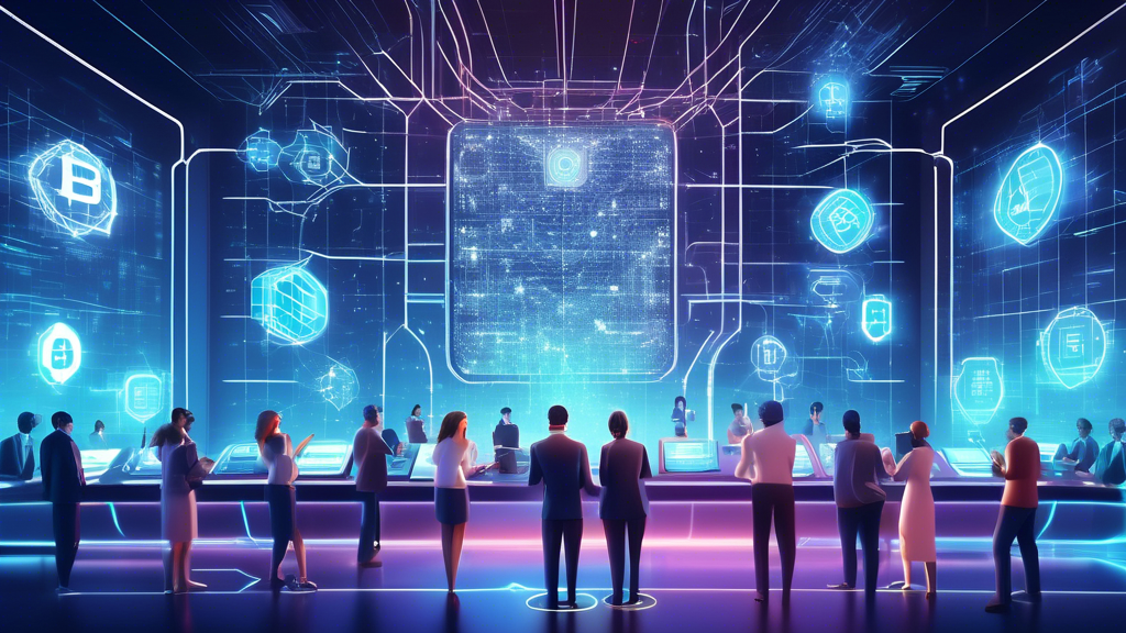 Create a digital illustration depicting a futuristic banking scene where blockchain technology is visibly integrated into every aspect. Show traditional bank elements like a building, vaults, and tellers connected by a complex network of glowing blockchain nodes. Include a diverse range of people interacting with both physical and digital components, such as smartphones showing blockchain transactions and holographic financial data displays. Make the overall mood optimistic and progressive, reflecting the transformation and efficiency brought by blockchain technology.