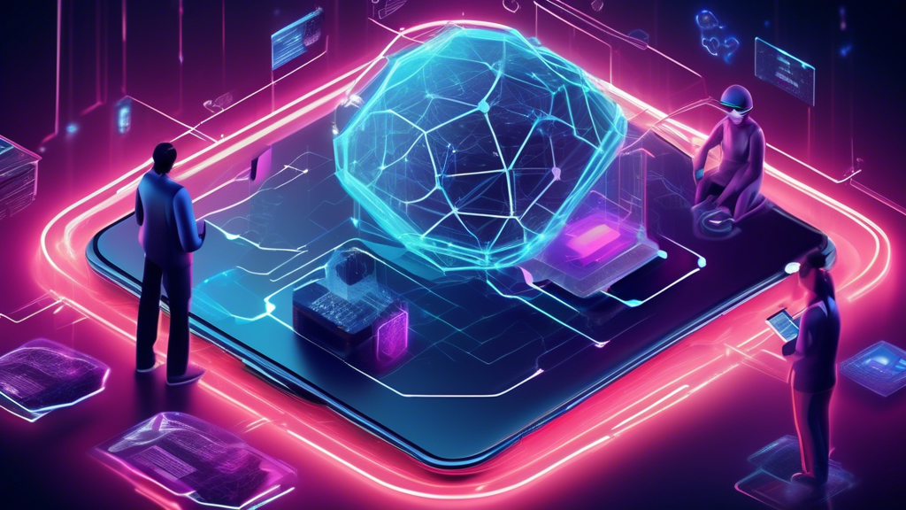 Create a futuristic digital landscape that showcases Web 3.0 and blockchain technology. The scene should include blockchain nodes interconnected by glowing lines, decentralized applications (dApps) at work, and digital avatars interacting within a vibrant, immersive virtual reality environment. Elements of cybersecurity, digital wallets, and smart contracts should be subtly integrated into the background to highlight innovation and security.