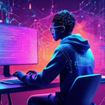 Create an illustration of a person coding at a computer, with a vibrant digital blockchain network appearing on the screen and connecting to various other networks in the background. The scene should blend the technical aspects of coding with the futuristic elements of blockchain technology, emphasizing a step-by-step or 'guide' feeling to the artwork. Include visual elements like code snippets, digital ledgers, and interconnected blocks to highlight the beginner's journey into blockchain development.