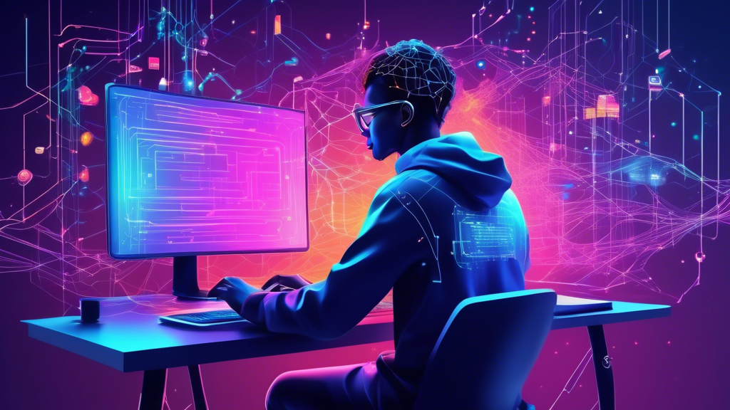 Create an illustration of a person coding at a computer, with a vibrant digital blockchain network appearing on the screen and connecting to various other networks in the background. The scene should blend the technical aspects of coding with the futuristic elements of blockchain technology, emphasizing a step-by-step or 'guide' feeling to the artwork. Include visual elements like code snippets, digital ledgers, and interconnected blocks to highlight the beginner's journey into blockchain development.