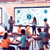 Create an image of a diverse group of people in a modern, hi-tech classroom setting, learning about blockchain technology. Show elements like laptops, digital whiteboards displaying blockchain diagrams, cryptocurrency symbols, and books titled 'Blockchain Basics.' Some individuals are interacting with digital nodes and chains, symbolizing the blockchain network. The atmosphere should be engaging and educational, highlighting curiosity and collaboration.