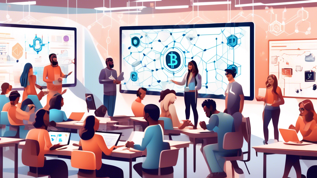 Create an image of a diverse group of people in a modern, hi-tech classroom setting, learning about blockchain technology. Show elements like laptops, digital whiteboards displaying blockchain diagrams, cryptocurrency symbols, and books titled 'Blockchain Basics.' Some individuals are interacting with digital nodes and chains, symbolizing the blockchain network. The atmosphere should be engaging and educational, highlighting curiosity and collaboration.