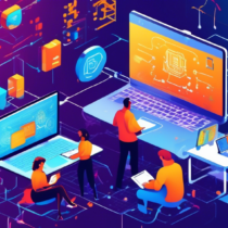 Create a detailed and colorful illustration of a diverse group of people engaging with various digital and physical resources to learn about blockchain technology for free. Display elements such as laptops showing online courses, open books on blockchain, a virtual lecture on a screen, coding exercises, discussion forums, and infographics explaining blockchain concepts. The background should have interconnected network graphics symbolizing the blockchain, with a vibe of collaboration and learning. Include some futuristic design elements to emphasize the innovative nature of blockchain technology.