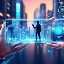 Create a futuristic digital illustration depicting the concept of NFC crypto technology revolutionizing mobile payments and security. Show a person using a smartphone with a glowing NFC chip and crypto symbols. Include elements like secure blockchain networks, digital wallets, and locks to signify advanced security measures. The background should have a sleek, modern cityscape with holographic icons and data streams to emphasize the innovative and high-tech atmosphere.