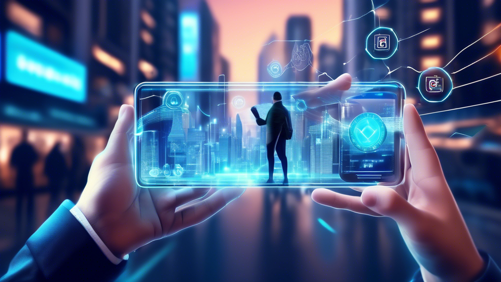 Create a futuristic digital illustration depicting the concept of NFC crypto technology revolutionizing mobile payments and security. Show a person using a smartphone with a glowing NFC chip and crypto symbols. Include elements like secure blockchain networks, digital wallets, and locks to signify advanced security measures. The background should have a sleek, modern cityscape with holographic icons and data streams to emphasize the innovative and high-tech atmosphere.