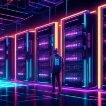 Create an image of futuristic blockchain mining technology at work: a sleek, modern data center with glowing servers processing blockchain transactions. Include holographic visuals representing blockchain networks and digital currencies. Highlight the energy-efficient equipment and a diverse team of professionals actively monitoring and managing the process, symbolizing the revolution in finance technology.