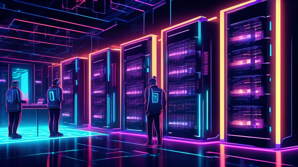 Create an image of futuristic blockchain mining technology at work: a sleek, modern data center with glowing servers processing blockchain transactions. Include holographic visuals representing blockchain networks and digital currencies. Highlight the energy-efficient equipment and a diverse team of professionals actively monitoring and managing the process, symbolizing the revolution in finance technology.