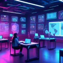 A futuristic classroom setting where students interact with floating holographic screens displaying blockchain networks; the teacher is an AI avatar guiding them through the lesson. The environment is sleek and modern with digital charts, decentralized nodes, and cryptographic symbols integrated into the educational content.