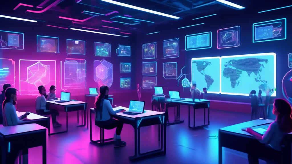 A futuristic classroom setting where students interact with floating holographic screens displaying blockchain networks; the teacher is an AI avatar guiding them through the lesson. The environment is sleek and modern with digital charts, decentralized nodes, and cryptographic symbols integrated into the educational content.