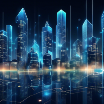 Create an image depicting a modern cityscape with skyscrapers and residential buildings connected by glowing blockchain lines. Show digital blocks with property details transferring between each building, symbolizing secure and transparent real estate transactions powered by blockchain technology. Include diverse professionals, like real estate agents and technology experts, interacting with digital interfaces and holograms. Convey a sense of innovation and futuristic efficiency.