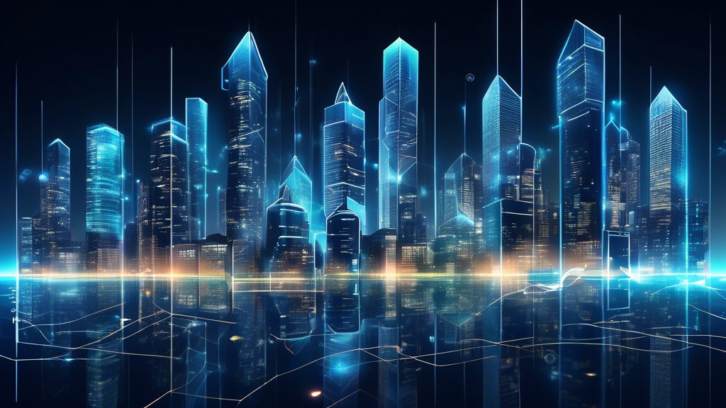 Create an image depicting a modern cityscape with skyscrapers and residential buildings connected by glowing blockchain lines. Show digital blocks with property details transferring between each building, symbolizing secure and transparent real estate transactions powered by blockchain technology. Include diverse professionals, like real estate agents and technology experts, interacting with digital interfaces and holograms. Convey a sense of innovation and futuristic efficiency.