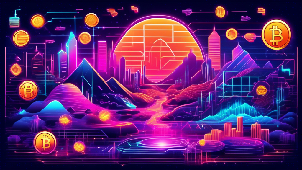 Create a detailed illustration of a futuristic digital landscape showcasing various cryptocurrencies represented as glowing coins or symbols. Highlight the top picks for 2023, such as Bitcoin, Ethereum, and others, with holographic charts and graphs in the background. The setting should be sleek and modern, emphasizing cutting-edge technology and innovation.