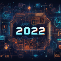 An innovative digital art piece showcasing a dynamic coding environment with the text '2022' displayed prominently. The image features various blockchain symbols and icons, such as chains, blocks, and digital locks. Different programming language logos like Solidity, Rust, and Go are creatively integrated into the design, highlighting their relevance in blockchain development. The scene is set in a futuristic workspace with a sleek, modern aesthetic and ethereal blue and green hues.