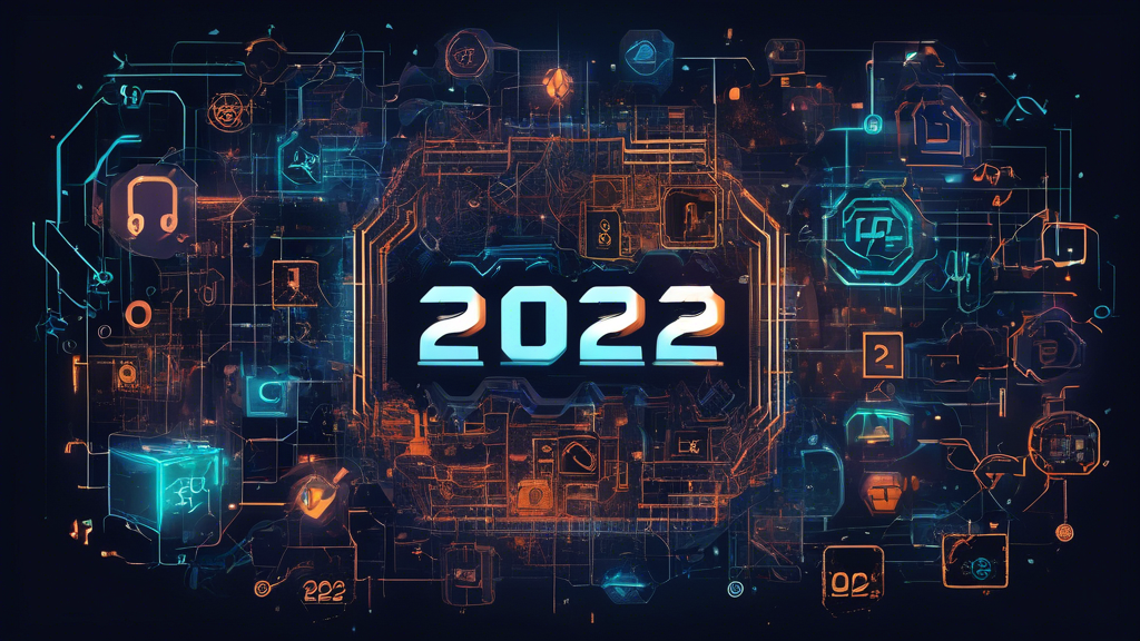 An innovative digital art piece showcasing a dynamic coding environment with the text '2022' displayed prominently. The image features various blockchain symbols and icons, such as chains, blocks, and digital locks. Different programming language logos like Solidity, Rust, and Go are creatively integrated into the design, highlighting their relevance in blockchain development. The scene is set in a futuristic workspace with a sleek, modern aesthetic and ethereal blue and green hues.