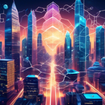 Create a futuristic digital artwork showcasing Hive Blockchain technology in the financial sector. Depict a sleek, high-tech city with glowing skyscrapers adorned with blockchain symbols. In the foreground, illustrate diverse professionals like bankers, traders, and tech experts collaborating around a large holographic hive structure composed of interconnected blocks and data streams. Emphasize the seamless integration of finance and technology with vibrant hues of blue and green, representing innovation and transparency.