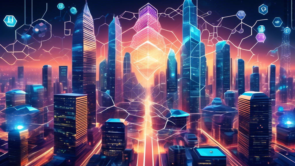 Create a futuristic digital artwork showcasing Hive Blockchain technology in the financial sector. Depict a sleek, high-tech city with glowing skyscrapers adorned with blockchain symbols. In the foreground, illustrate diverse professionals like bankers, traders, and tech experts collaborating around a large holographic hive structure composed of interconnected blocks and data streams. Emphasize the seamless integration of finance and technology with vibrant hues of blue and green, representing innovation and transparency.