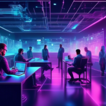 Create a futuristic digital illustration showing various professionals working with holographic blockchain development software. The setting should be a high-tech innovation lab with glowing interfaces, interconnected blockchain nodes, and developers interacting with virtual screens displaying code and blockchain visuals. The overall atmosphere should reflect advancements in technology and innovation in the field of blockchain.