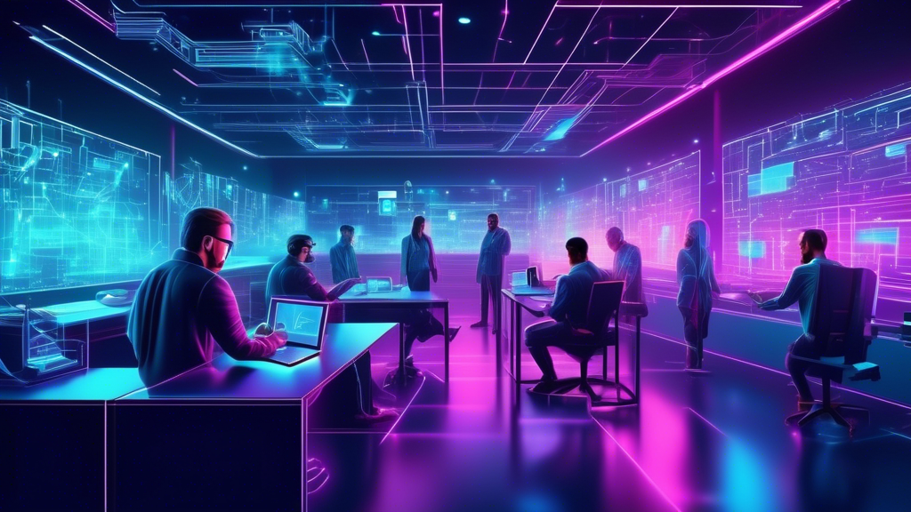 Create a futuristic digital illustration showing various professionals working with holographic blockchain development software. The setting should be a high-tech innovation lab with glowing interfaces, interconnected blockchain nodes, and developers interacting with virtual screens displaying code and blockchain visuals. The overall atmosphere should reflect advancements in technology and innovation in the field of blockchain.