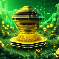 Create an illustration depicting the concept of 'Hive Crypto Mining,' where a futuristic digital beehive acts as a high-tech mining facility. The hive's hexagonal cells contain intricate circuits and computer hardware, with digital worker bees transporting golden cryptocurrency coins. The background shows a blend of nature and technology, with elements of lush green landscapes integrating with a glowing digital matrix.