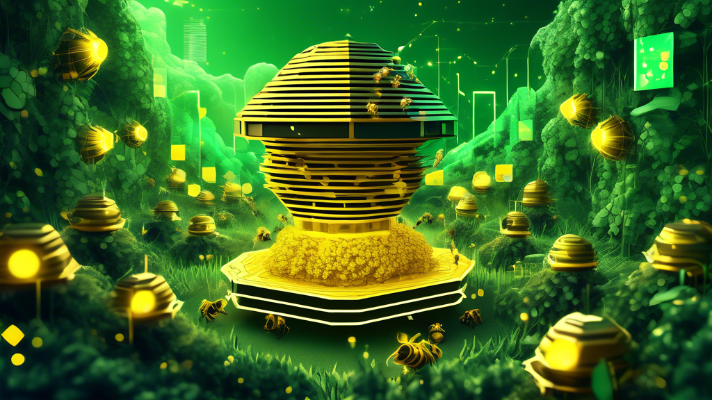 Create an illustration depicting the concept of 'Hive Crypto Mining,' where a futuristic digital beehive acts as a high-tech mining facility. The hive's hexagonal cells contain intricate circuits and computer hardware, with digital worker bees transporting golden cryptocurrency coins. The background shows a blend of nature and technology, with elements of lush green landscapes integrating with a glowing digital matrix.