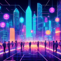 An illustration of a futuristic city with people conducting cross-border financial transactions using blockchain technology. Highlight sleek digital interfaces, holographic currency symbols, and interconnected global networks. Include elements representing different world currencies and depict a seamless, fast, and secure transaction process facilitated by blockchain.