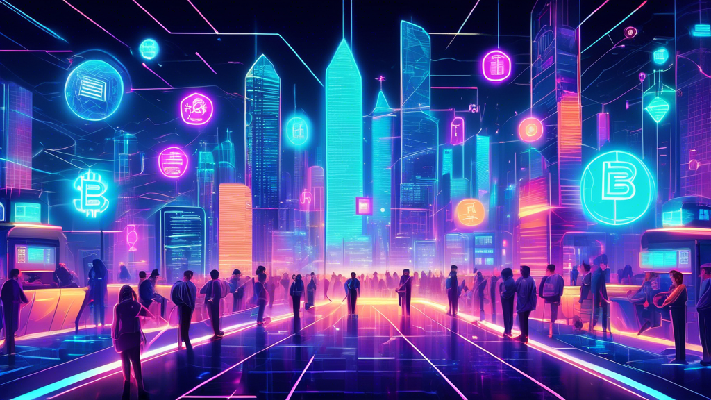 An illustration of a futuristic city with people conducting cross-border financial transactions using blockchain technology. Highlight sleek digital interfaces, holographic currency symbols, and interconnected global networks. Include elements representing different world currencies and depict a seamless, fast, and secure transaction process facilitated by blockchain.