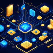 Create an image showcasing the concept of a blockchain token: a digital token surrounded by interconnected blocks, symbolizing a blockchain structure. Surround the central token with various icons representing use cases such as finance, gaming, and identity verification, all connected through digital lines. Use a futuristic and high-tech art style with a blue and gold color palette.