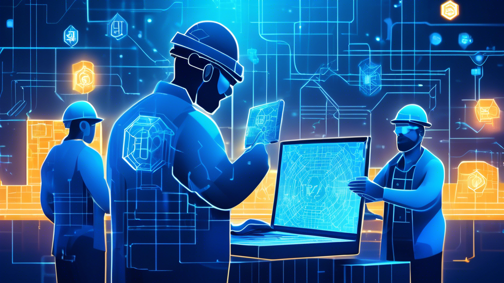 Create an illustration of a blockchain mining process. The image should depict digital miners with futuristic mining gear, using powerful computers emitting bright blue lights. Show them solving complex mathematical puzzles represented by floating equations and interconnected blocks. In the background, display a transparent, multi-layered blockchain grid symbolizing data blocks being added sequentially. Include elements of digital currencies like Bitcoin and Ethereum to signify the rewards. The overall theme should be high-tech and modern, with a focus on cyber security and data integrity.