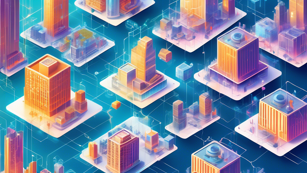 Create an image showing a diverse cityscape representing various types of blockchain systems. Include distinct buildings for Public Blockchain with open doors and many people, Private Blockchain with a secure gate and fewer people, Consortium Blockchain with logos of multiple companies on a single building, and Hybrid Blockchain that combines elements from both Public and Private Blockchain buildings. Each building has holographic, interconnected networks flowing between them, symbolizing blockchain technology.