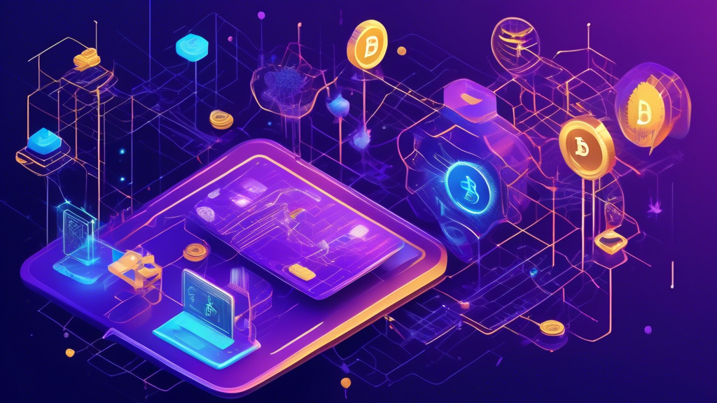 Create an intricate digital illustration that represents the concept of Web3 in the context of cryptocurrency. Show a futuristic web ecosystem with decentralized networks, blockchain technology, and smart contracts. Include visuals of interconnected nodes, digital tokens, and avatars interacting in a virtual world, all underpinned by cryptographic security. Use a blend of blue, purple, and gold hues to evoke a sense of innovation and digital evolution.