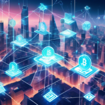 A futuristic cityscape featuring interconnected digital grids and blockchain symbols floating in the air. In the foreground, a diverse group of people use smartphones and digital wallets to exchange blockchain currency. Crystal-clear, holographic representations of various cryptocurrencies like Bitcoin and Ethereum hover prominently. The overall atmosphere should be dynamic and technologically advanced, showcasing the seamless integration of blockchain currency into everyday life.