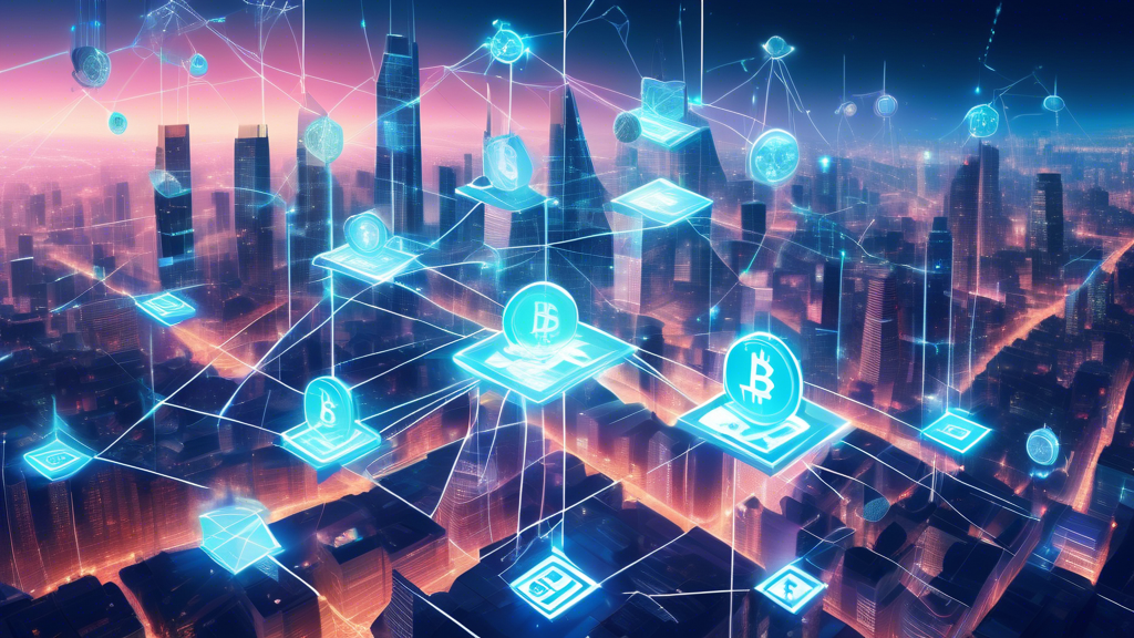 A futuristic cityscape featuring interconnected digital grids and blockchain symbols floating in the air. In the foreground, a diverse group of people use smartphones and digital wallets to exchange blockchain currency. Crystal-clear, holographic representations of various cryptocurrencies like Bitcoin and Ethereum hover prominently. The overall atmosphere should be dynamic and technologically advanced, showcasing the seamless integration of blockchain currency into everyday life.