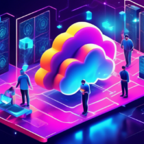 Create a futuristic digital artwork that depicts the concept of blockchain cloud mining. Incorporate elements such as a high-tech data center with glowing servers, virtual cryptocurrency coins floating around, and a network of cloud connections. Show a diverse group of people interacting with holograms and advanced mining tools, symbolizing accessibility and opportunity. Use a sleek, modern design with vibrant colors to convey innovation and forward-thinking.