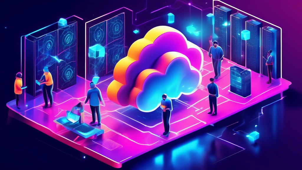 Create a futuristic digital artwork that depicts the concept of blockchain cloud mining. Incorporate elements such as a high-tech data center with glowing servers, virtual cryptocurrency coins floating around, and a network of cloud connections. Show a diverse group of people interacting with holograms and advanced mining tools, symbolizing accessibility and opportunity. Use a sleek, modern design with vibrant colors to convey innovation and forward-thinking.