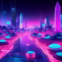 Create a futuristic digital landscape that combines elements of the Metaverse and blockchain technology. The scene should include interconnected virtual worlds, avatars interacting, holographic interfaces displaying blockchain ledgers, and a vibrant, high-tech cityscape. Use a mix of neon colors and sleek designs to emphasize the cutting-edge nature of the technology.