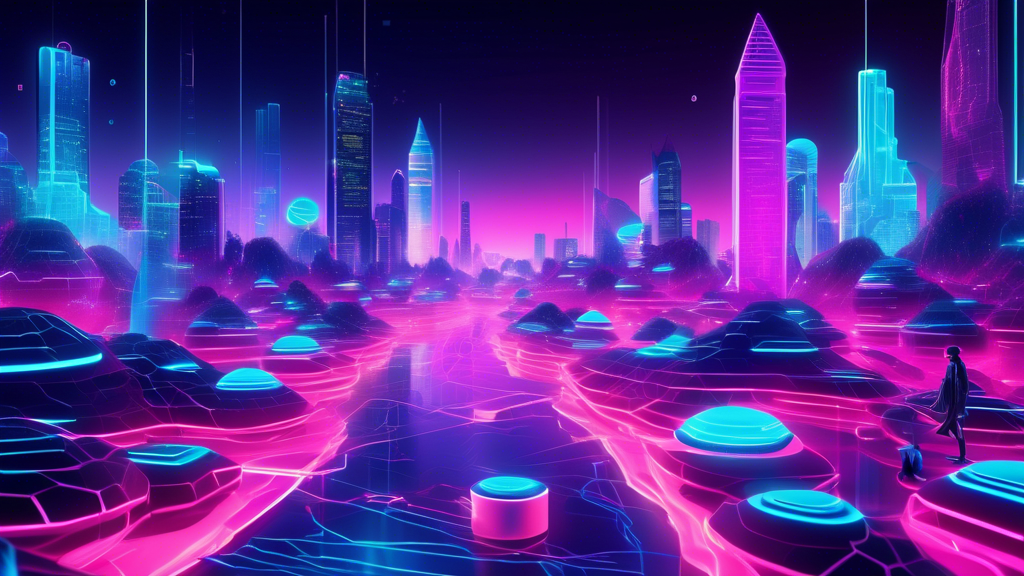 Create a futuristic digital landscape that combines elements of the Metaverse and blockchain technology. The scene should include interconnected virtual worlds, avatars interacting, holographic interfaces displaying blockchain ledgers, and a vibrant, high-tech cityscape. Use a mix of neon colors and sleek designs to emphasize the cutting-edge nature of the technology.