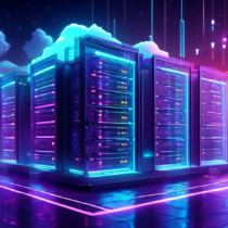 Create a detailed illustration of a futuristic data center in the clouds, with vibrant neon lights, servers, and digital mining rigs. Show streams of binary code flowing through the sky, representing cryptocurrency transactions. Incorporate elements of technology such as holographic interfaces and advanced security measures, symbolizing the innovation and potential of cloud-based cryptocurrency mining.