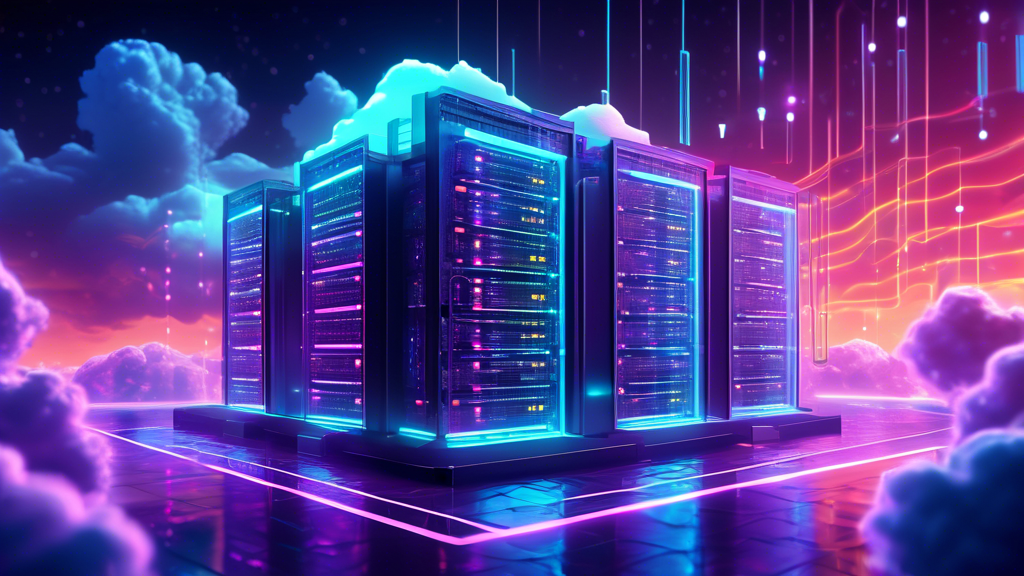 Create a detailed illustration of a futuristic data center in the clouds, with vibrant neon lights, servers, and digital mining rigs. Show streams of binary code flowing through the sky, representing cryptocurrency transactions. Incorporate elements of technology such as holographic interfaces and advanced security measures, symbolizing the innovation and potential of cloud-based cryptocurrency mining.